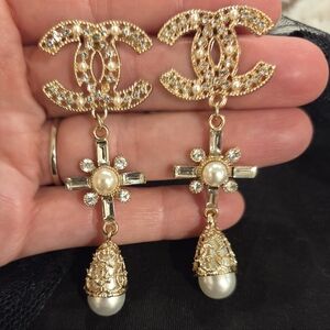 CHANEL Gold and White Pearl Cross Drop Earrings